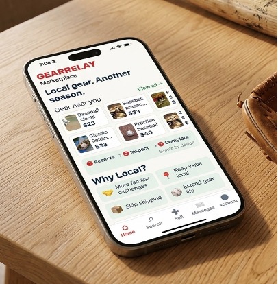 Gear Relay mobile app pictured on a phone beside a baseball glove